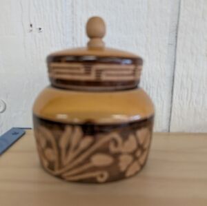 Brown and Tan Wood Jar with Lid